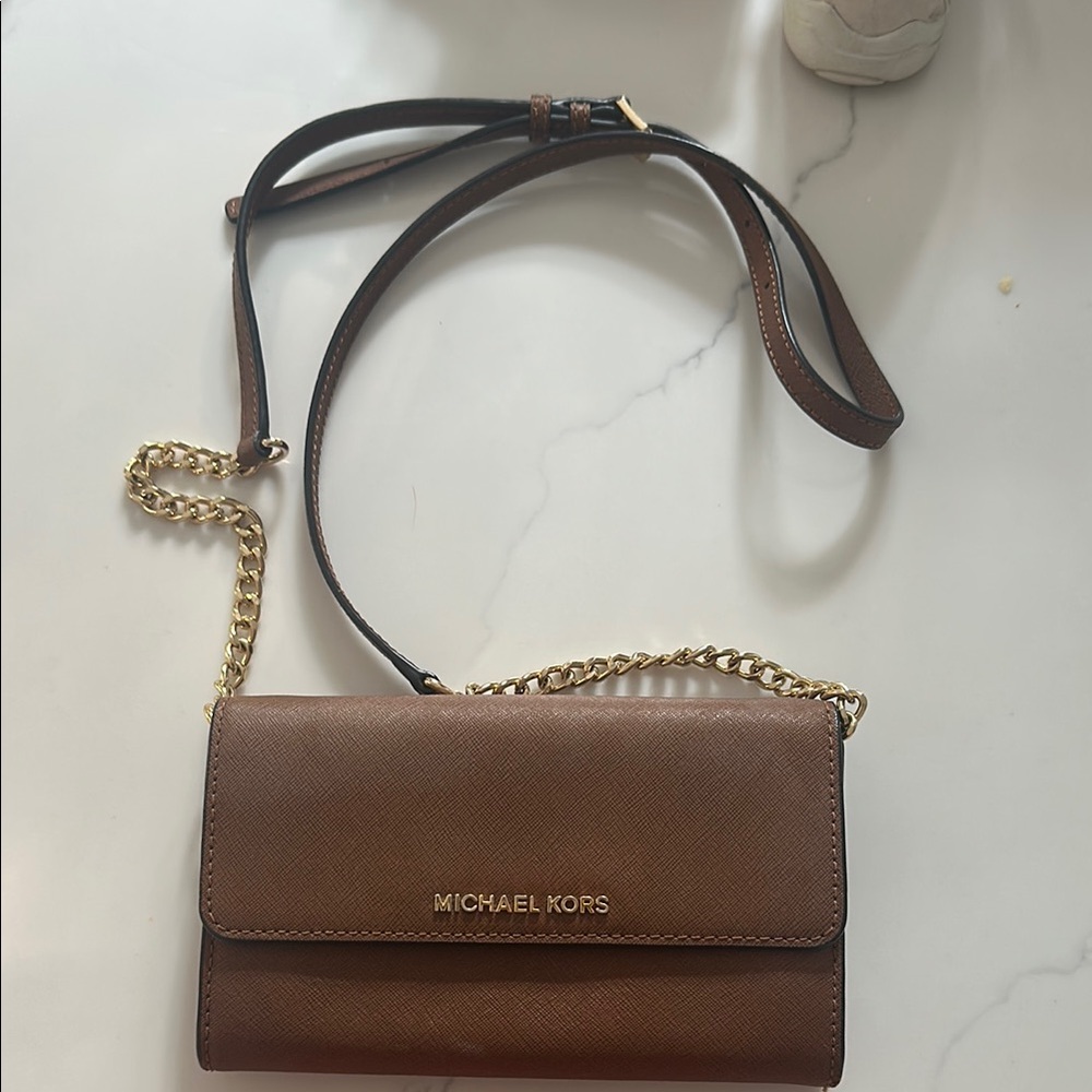 Michael Kors Gold Brown Crossbody Bag with Chain Strap